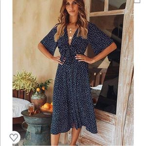 NWT Navy Polka Dot Midi Wrap Dress